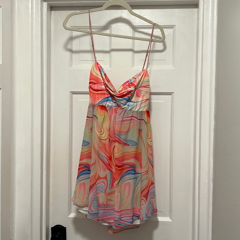 Lucy in the Sky pink multicolor babydoll mini festival dress